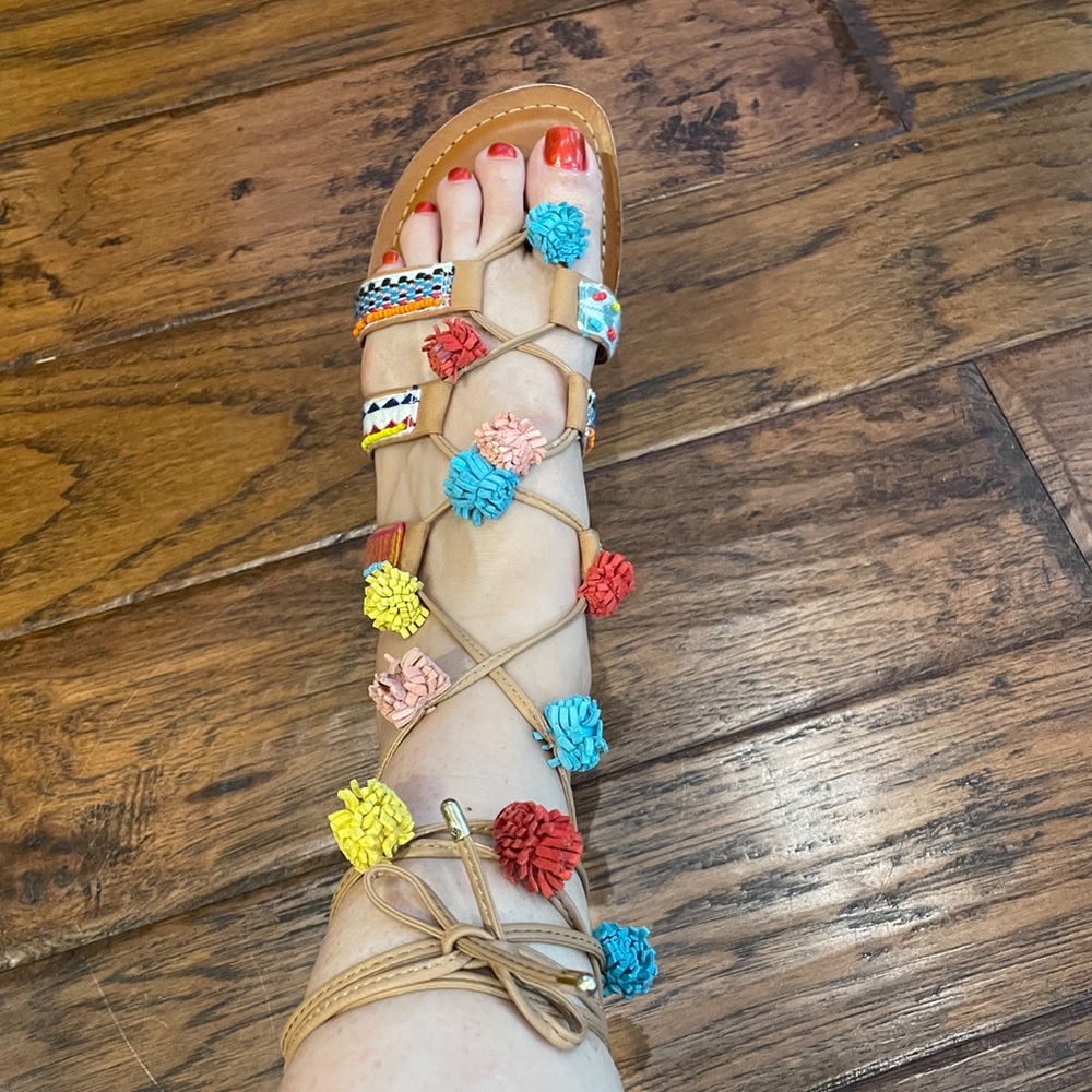 Gianni Bini Wraparound Strappy Gladiator Sandals with Pom Pom Detail (TSE)